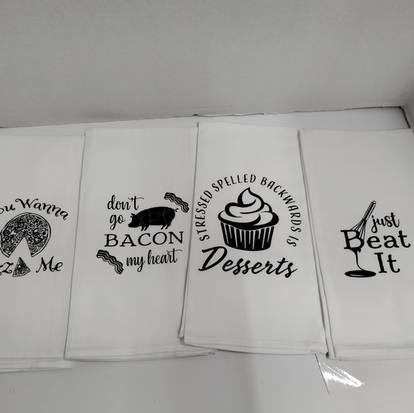 Set of 4 Funny Kitchen Towels- Baking and Cooking Related Kitchen Towel Gift Set - Picture 1 of 3